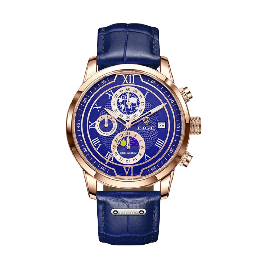 Liam | Celestial World-Time Herrenuhr mit Lederarmband | 43 mm