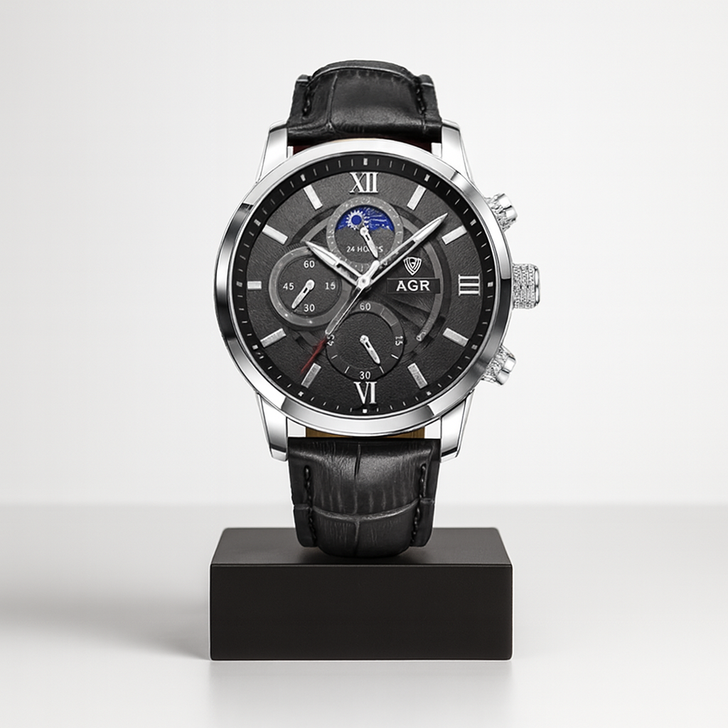 Ruben | Moderne Mondphasen-Herrenuhr mit Lederarmband | 43 mm