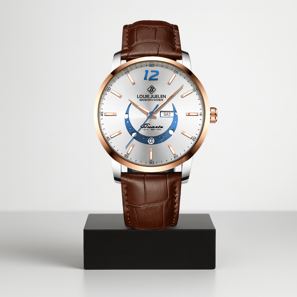 Sebastian | Klassische Mondphasen-Herrenuhr mit Lederarmband | 42 mm